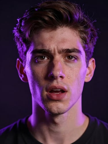 Close-up portrait of a young expressive male actor, intense neon violet backlighting, vertical 9:16 framing, sharp studio lighting, dark background