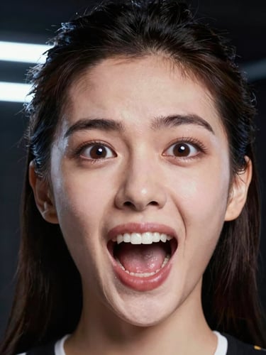 Close-up portrait of a young expressive female actress, bright ring light reflection in eyes, energetic expression, vertical 9:16 framing, sharp studio lighting, dark background