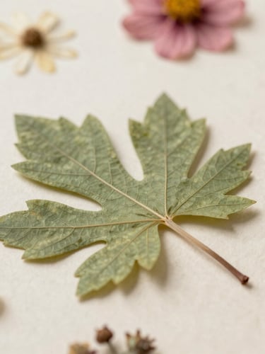 Vintage scientific botanical plate showing detailed leaf veins and pressed flowers on textured old paper, soft shadows