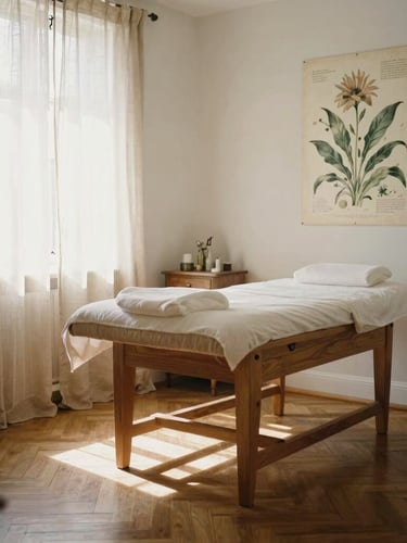 Wide shot of a beautifully lit wellness treatment room, warm wooden parquet floor, solid wood desk, rustic linen curtains, soft natural north daylight, vintage botanical illustration on the wall, 35mm film.