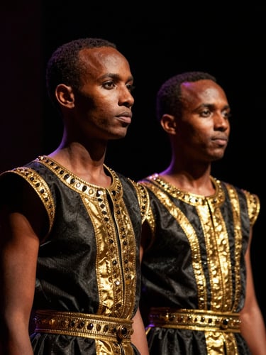 Dramatic close-up portrait of two Ethiopian circus artists in elegant black and gold performance attire, warm side lighting, deep shadows, 35mm focus