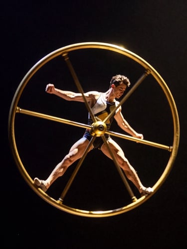 Dynamic low-angle shot of a male circus artist balancing inside a golden Cyr Wheel, dramatic theatrical spotlighting, deep black background, golden rim light, sharp focus.