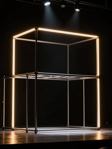 Wide shot of a performance stage with a minimalist metal apparatus, dramatic golden rim lighting, dark background, production-ready setup