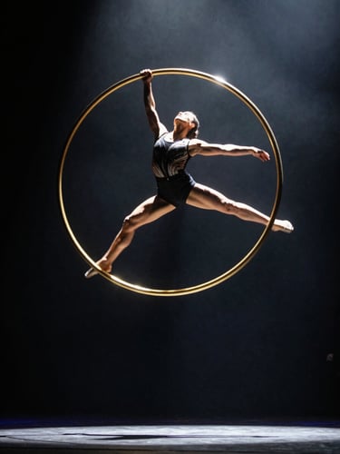 Low-angle cinematic shot of a Cyr Wheel performer in mid-spin, dramatic golden rim lighting, high-contrast spotlighting on a dark stage, sharp focus, 35mm