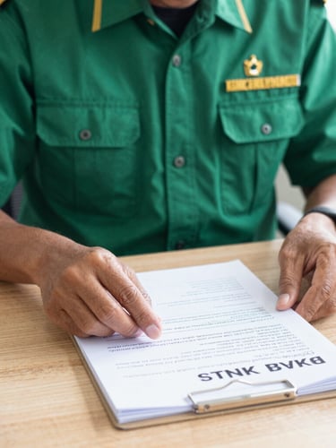 Bright daylight medium close-up of a professional Indonesian staff member in a clean green and gold uniform neatly organizing official STNK and BPKB documents on a clean wooden desk.