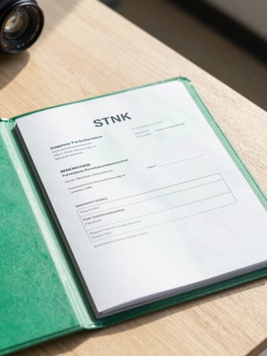 A close-up shot of a pristine, official Indonesian STNK document being carefully placed into a secure green folder. Bright, clear morning sunlight streams across a clean wooden desk.