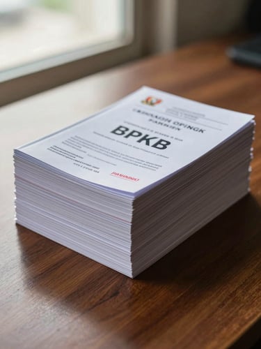 Close-up of a neat stack of official Indonesian vehicle registration books (BPKB) on a polished wooden desk, soft natural light coming from a window, professional atmosphere.
