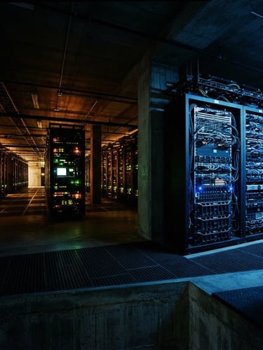 Wide panoramic brutalist server farm, high-security data center, harsh terminal green and amber glow, high contrast, deep shadows, 35mm, an imposing server rack on the right third, cold blue light