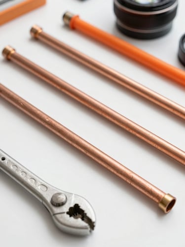 Close-up of clean copper pipes and professional tools neatly arranged on a bright, clean work surface, crisp daylight, neutral tones with orange accents, 35mm lens