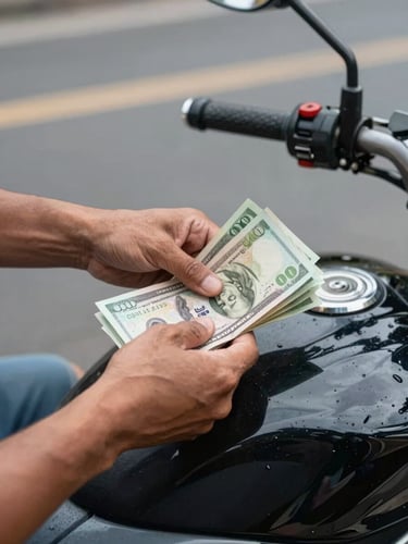 Close-up of a driver's hands counting paper currency on a motorcycle seat after completing a trip, street-level daylight from the side, asphalt and vehicle detail visible in background — real earnings moment, no studio setup