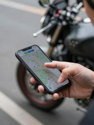 Tight crop of a rider's thumb pressing a destination on a smartphone screen, the phone held at street level with a blurred motorcycle and kerb edge visible behind, daylight from the left, real transaction moment — no studio lighting