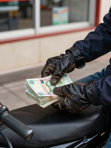 Tight frame on a driver's hands counting cash earnings on a motorcycle seat outside a convenience store, afternoon window light falling across worn leather gloves and folded bills, street pavement visible below