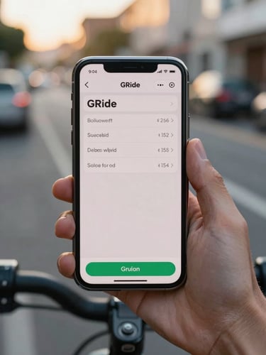 Close-up portrait of a smartphone screen mid-transaction showing a GRide booking confirmation UI, held in a rider's hand against a blurred golden-hour street backdrop, natural daylight catching the phone glass edge