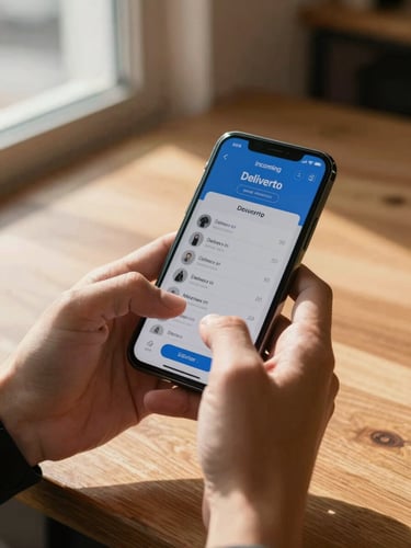 Close-up portrait frame: merchant's hands holding a smartphone displaying incoming delivery order notifications, fingers mid-scroll, wooden shop counter visible in background, warm daylight from a side window casting hard-edged shadows across the screen and knuckles