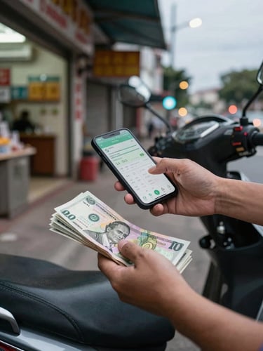 Driver counting cash earnings on a motorbike seat outside a shopfront at dusk, one hand on the phone screen showing trip history, street lights beginning to glow in the background