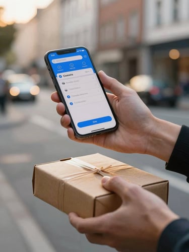 Close detail of two hands — one holding a smartphone showing a ride booking confirmation screen, one handing over a delivery package — shot against a blurred urban street backdrop at golden hour, daylight dominant