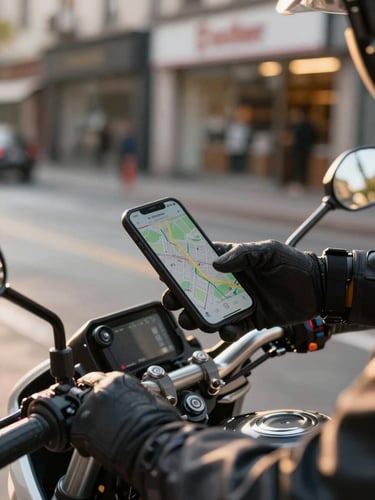 Close-up street-level frame, a motorcycle driver's gloved hand checking a phone screen mid-pickup, the destination map visible on the glass, golden-hour sunlight raking across the handlebars, blurred urban shopfronts in the background