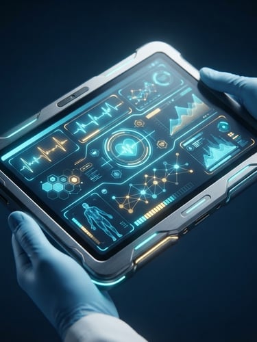 Sleek 3D render of a futuristic medical tablet displaying health charts, dark blue background, glowing cyan accents, isometric view