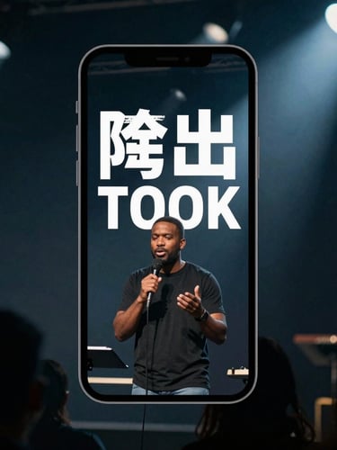 Cinematic vertical smartphone mockup showing a pastor preaching with bold white subtitles, dramatic stage lighting, deep slate background