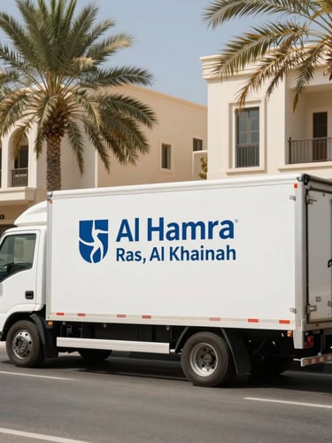 Wide-angle environmental shot of a clean, branded moving truck parked on a sunny residential street in Al Hamra, Ras Al Khaimah. Bright, natural UAE daylight, palm trees and elegant villa facades in the background.