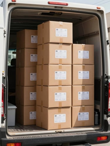 A stack of neat, double-walled cardboard boxes with clear printed labels, sitting inside a clean, organized moving truck parked on an Al Hamra street, bright daylight.