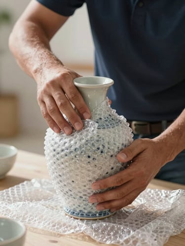 Close-up of a professional mover's hands carefully wrapping a delicate ceramic vase in heavy-duty bubble wrap, natural bright UAE daylight, clean and focused composition.