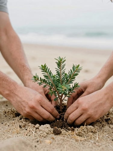 Close-up of hands working together to plant a small coastal shrub in warm sandy soil, soft overcast daylight, natural documentary style.