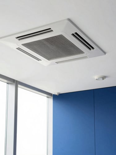 Modern office interior with clean air conditioning cassette unit on the ceiling, bright daylight, professional corporate environment