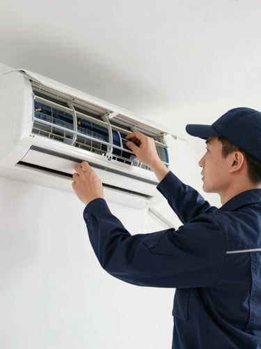 Professional technician in a clean navy uniform working on a modern split air conditioner unit, bright natural indoor light, sharp focus