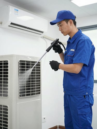 Professional technician in a clean uniform using high-pressure washing equipment on a modern split air conditioner unit, bright indoor lighting, deep blue tones