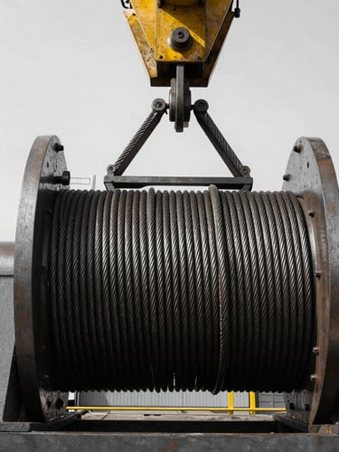 Close-up of a heavy-duty industrial crane hoist drum, steel cable tightly wound, harsh daylight, high-contrast desaturated steel tones, Welshpool yard.