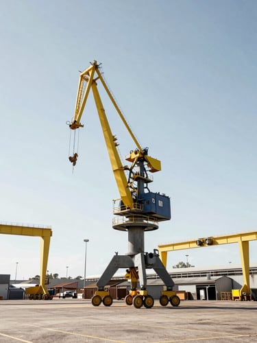 Wide-angle environmental shot of a massive yellow gantry crane in a Welshpool industrial yard under harsh, bright Western Australian daylight, high contrast, desaturated steel tones with safety yellow accents, 35mm lens.