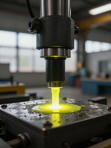 Close-up macro shot of a magnetic particle testing probe on a crane weld, fluorescent yellow dye glowing under safety UV light in a dark industrial hangar, high contrast, 35mm lens.