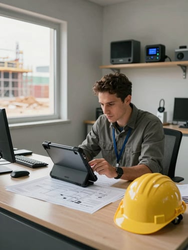 Environmental wide shot of a construction site logistics office — a site manager studies a ruggedized tablet mounted on a dusty desk, hard hat and blueprints beside it, afternoon available light through a small window, IoT tracking equipment visible on a shelf behind