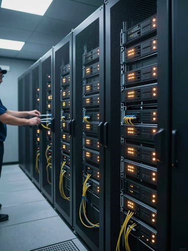 Wide environmental shot inside a working server room, rows of rack-mounted equipment with blinking indicator lights, a technician's hands visible adjusting a cable at the left edge, cool blue-white overhead lighting casting precise shadows across the hardware