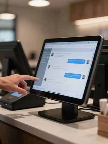 Close-up of a restaurant front-of-house counter, a tablet display showing an AI chat interface with incoming customer messages, staff member's hand visible in background reaching toward a POS terminal, neutral ambient light from overhead fixtures