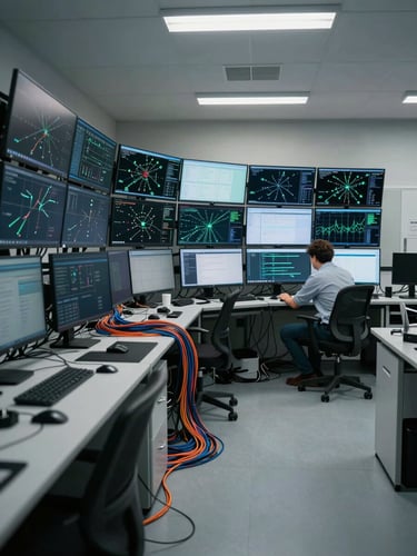 Wide shot of a logistics operations room, a wall of monitors displaying network dashboards and route tracking, a worker seated at a workstation reviewing data under cool overhead fluorescent light, cables organized in neat runs along the floor