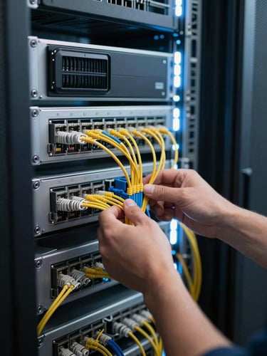 Wide environmental shot of a network technician's hands patching fiber cables into a live rack in a dark server room, cool blue-white ambient light from the rack LEDs, cables organized in tight bundles, depth of field pulling focus to the hands and patch panel
