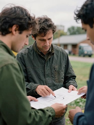 Candid medium shot of a local community leader and an international partner reviewing architectural plans outdoors, soft overcast daylight, rich moss green and deep slate tones, 35mm film look