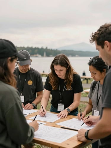 A collaborative community workshop in Shoreline, volunteers and partners reviewing plans together, soft overcast natural light, warm film tones.