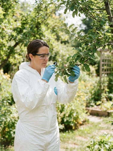 A professional technician wearing a clean white protective suit gently inspecting a tree branch in a bright, sunlit green garden, sharp focus, editorial photography