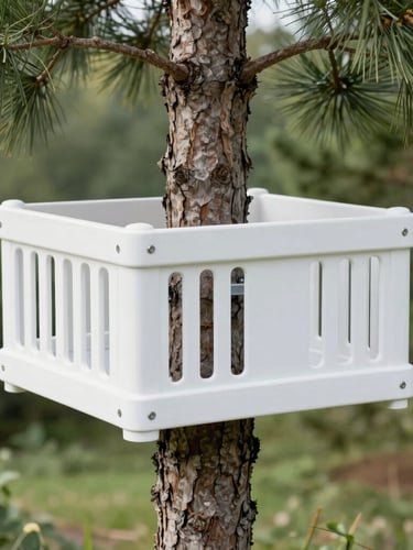 Close-up of a modern, clean eco-trap neatly installed around a pine tree trunk, bright natural daylight, clinical precision