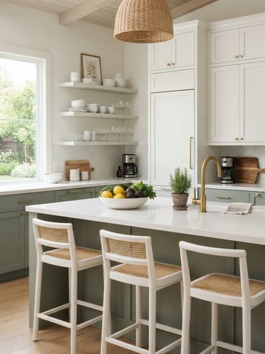 Bright editorial photography of a modern, immaculate residential kitchen interior, soft natural daylight, clean white and muted green tones, sharp focus, 35mm.