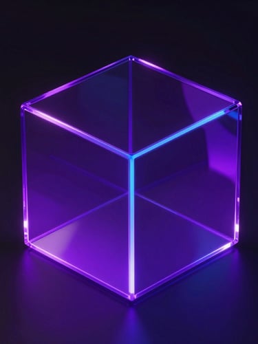 Premium 3d render of a glowing glass geometric structure, deep violet and royal blue neon light, dark mode aesthetic, ultra-detailed, 8k