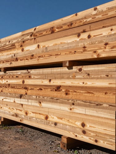 Vista lateral en plano medio de palets de madera nativa perfectamente apilados en el aserradero de Villa Ángela, mostrando la veta densa y el sello térmico NIMF 15 bajo la luz directa del sol chaqueño.