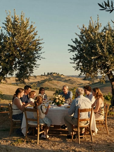 Wide cinematic editorial shot of a joyful family and friends dinner table outdoors under olive trees during golden hour in Tuscany, warm natural light, soft shadows, 35mm film aesthetic