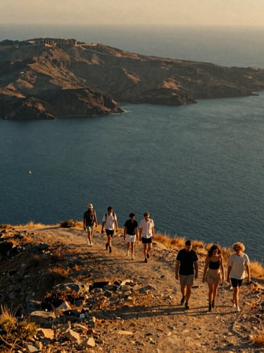 Wide-angle cinematic shot of a small group of friends walking along a golden-hour ridge in the Mediterranean, warm sunset light casting long soft shadows, deep blue sea in the background, editorial travel photography.