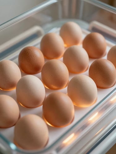 Warm editorial photography of a clean incubator interior with eggs neatly arranged under the soft internal amber light of the heating element, detailed macro shot, 35mm