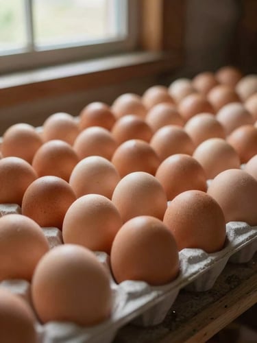 A close-up of clean incubator trays with eggs neatly arranged under a warm amber glow, soft natural light filtering through a barn window, 35mm editorial photography