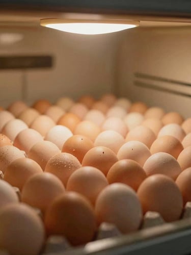 Clean incubator interior with eggs neatly arranged in rows, soft internal glow of the incubator lamps, warm editorial photography, 35mm